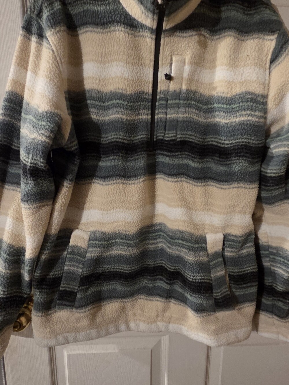 Billabong Striped Fleece Pullover Sweater - Beige & Green